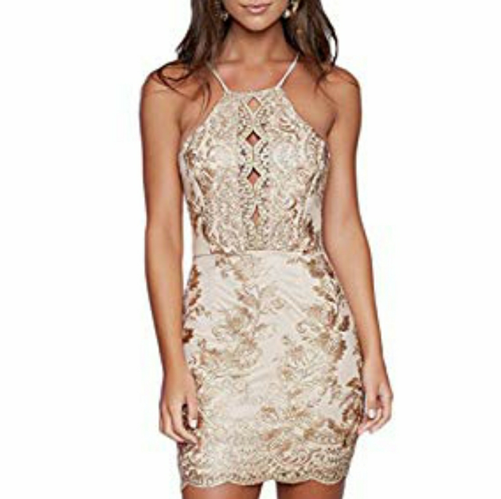 NWOT Gold Embroidered Halter Dress